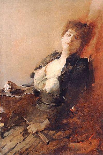 Franciszek zmurko Portrait of a woman with a fan and a cigarette.